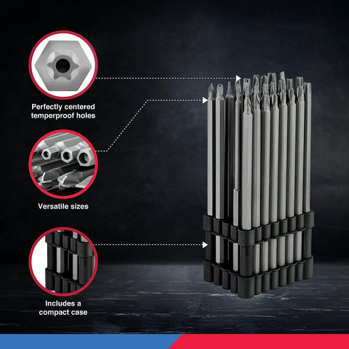 NEIKO 10224A 32 Piece Extra Long Security Bit Set, 1/4" S2 Steel 6” Long Torx, Tamper Proof, PoziDriv, Spanner, Tri-Wing