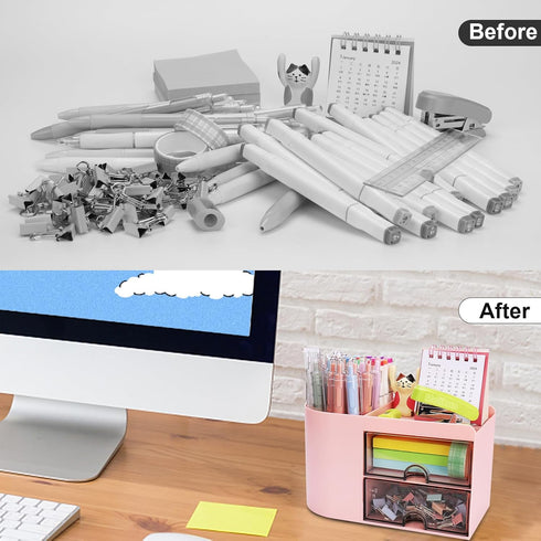 Desk Organizer with Drawer, Small Pink Pen Organizer, 2 Drawers + 4 Compartments for Office Home Storage