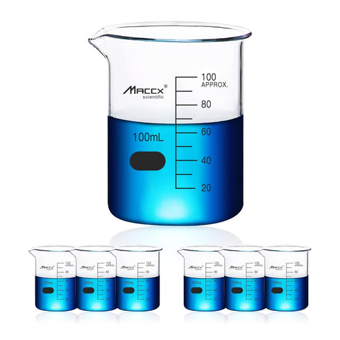 3.4oz (100ml) Sturdy Glass Beaker, 3.3 Borosilicate Griffin Low Form with Printed Graduation, Pack of 6