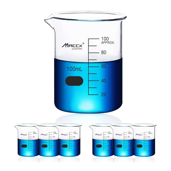 3.4oz (100ml) Sturdy Glass Beaker, 3.3 Borosilicate Griffin Low Form with Printed Graduation, Pack of 6