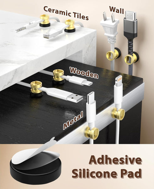 Viaky Desk(3 Pack) Magnetic Cord Holder,Gold Magnetic Cable Clip,Metal Cord Holder for Nightstand,Magnetic Cable