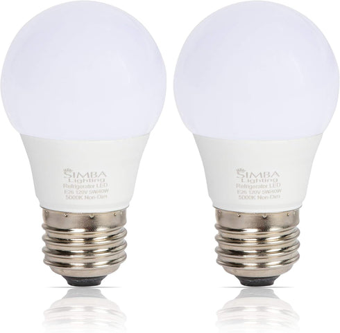 Simba Lighting A15 Refrigerator Light Bulbs, 2-Pack, 5W 40W Replacement, Waterproof, E26 Base, 5000K