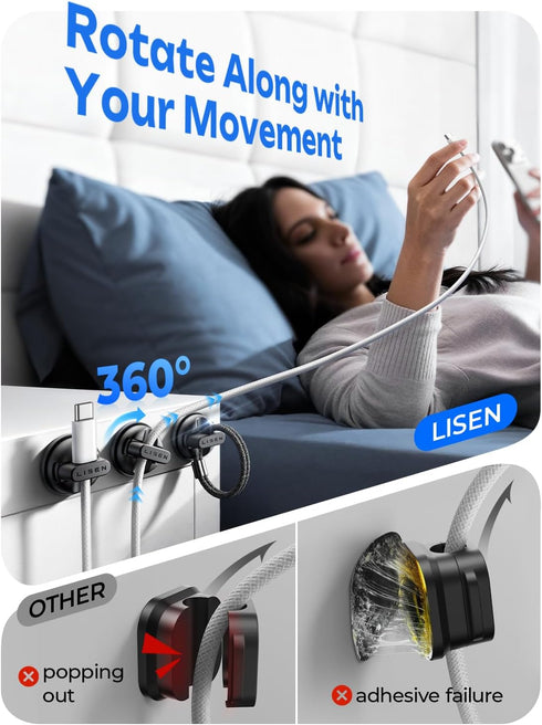 LISEN 6-Pack 360Rotating Rotatable Cord Holder for Nightstand, Magnetic Clips, No-Residue Strong Adhesive Cord