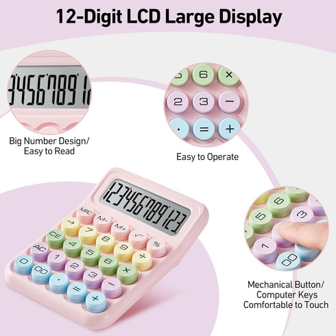 Electronic Calculator, 12 Digits Large LCD Display, Pink Basic Desktop Calculator with Big Buttons