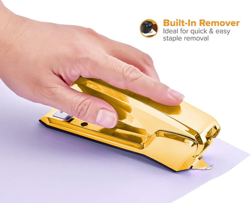 Bostitch Office Ascend 3 in 1 Stapler, Integrated Remover & Staple Storage, 420 Staples Included, Gold Chrome