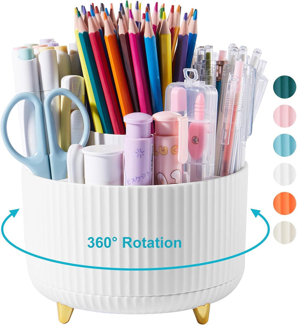 Desk Pencil Pen Holder, 5 Slots for Office, School, Home, 360 Degree Rotating Desktop Storage Cup Pot, White
