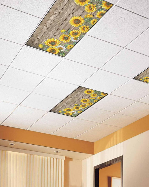 DOME-SPACE Fluorescent Light Covers - Farm Sunflower Magnetic Light Cover for Ceiling, Farmhouse Brown Wood Board