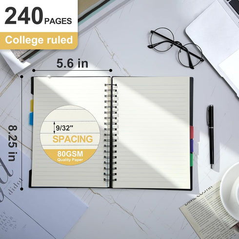 CAGIE 5 Subject Notebook for Work, 240 Pages Spiral Notebooks, College Ruled with Dividers Tabs, A5 Small Note Book
