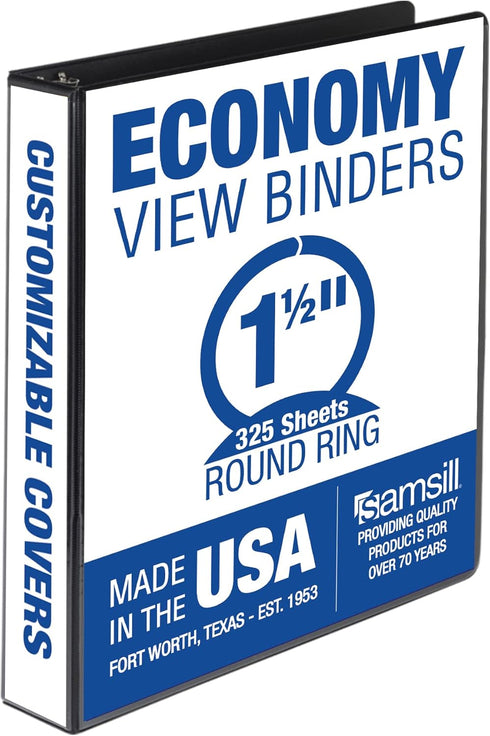 Samsill Economy 1.5 Inch 3 Ring Binder, Made in The USA, Round Ring Binder, Customizable Cover, Black