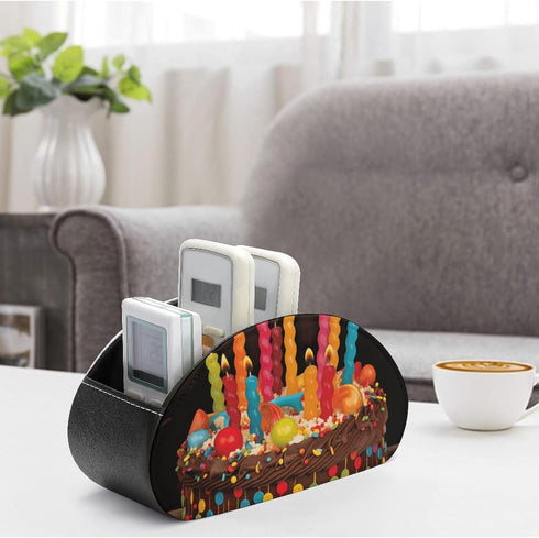 KLITGFEW Leather Remote Control Holder Happy Birthday Big Cake TV Remote Store Box Multifunctional Desktop Organizer