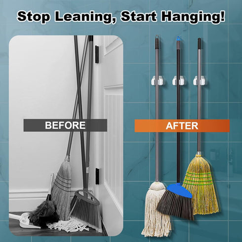 6 Pack funest Mop and Broom Holder Wall Mount, No Drill Needed Self Adhesive, Non-Slip Mop Grippers for Tile Walls