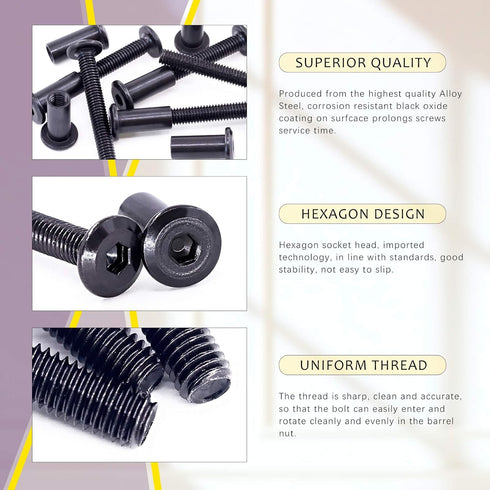 Swpeet 25Pcs M6x45mm Carbon Steel Black Hex Drive Socket Cap Bolts, Barrel Nuts Assortment Kit with Allen Wrench