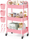 Osivaex 3 Tier Rolling Storage Cart Metal with Wheels, Pink Three Tiered Craft