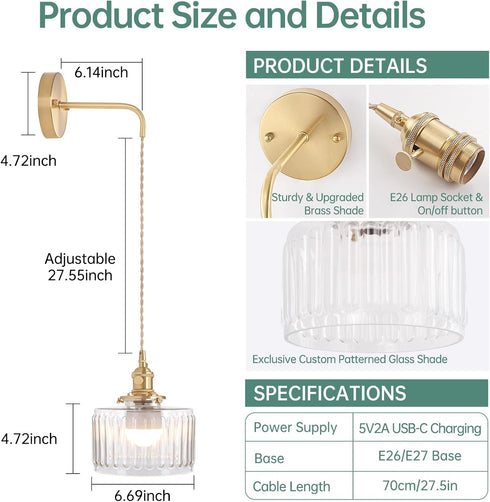 Shenmoyl Battery Operated Wall Sconce with Clear Striped Shade Pattern Glass Adjustable Chain Retro Gold Wall Mounted