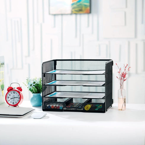 SETTFRFE 4-Tier Mesh Paper Letter Tray, Desk Organizer with Sliding Drawer, Black Office Supplies for Home Office