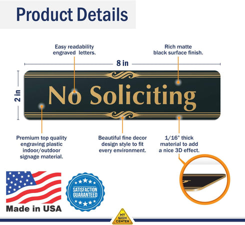 No Soliciting Sign, Black/Gold, Engraved, 2" x 8", Fade Resistant, Indoor/Outdoor Use, USA MADE