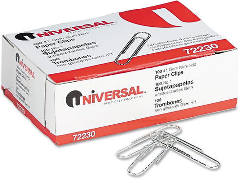 Universal Paper Clips, 1 Nonskid Silver, 100 Clips/Box, 10 Boxes/Pack
