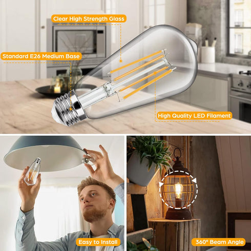 4-Pack Vintage LED Edison Bulbs 100W Equivalent, 1400LM High Brightness, 8W ST58 LED Filament Light Bulbs