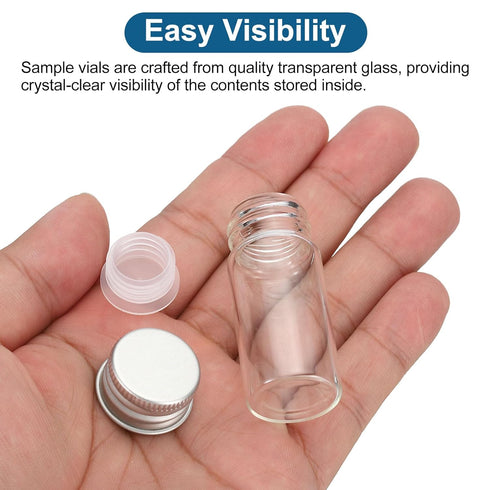 PATIKIL 25 Pack 10ml Clear Glass Vials, Small Liquid Sample Bottles with Screw Caps, Plastic Stoppers, 64 Labels