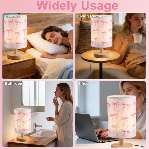 Lonfliness Pink Bow Kids Table Lamp Kids Bedside Lamp Bedroom LED Night Light with Linen Wooden Nightstand Cartoon