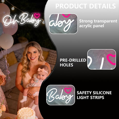 Dimmable Powered16.5"*6.9" Oh Baby Neon Sign for Backdrop,White LED Light Up Sign for Boy and Girl Baby Shower Gender