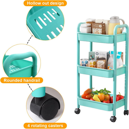 QPEY 3 Tier Utility Rolling Cart with Handle, Multifunctional Storage Organizer Rolling Carts with Wheels for Bathroom