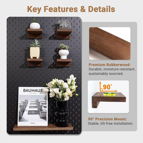 SEMPOMA 2 Pack 4''x4'' Solid Wood Pegboard Shelves Compatible with IKEA Skadis Pegboard - Walnut Finish Wall