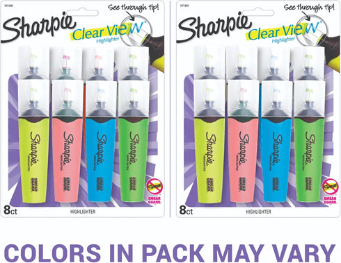 Sharpie Highlighter, Clear View with See-Through Chisel Tip, Assorted, 8 Count