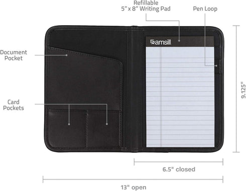 Samsill Professional Padfolio, Faux-Leather Mini Portfolio with 5 x 8 Writing Pad, Black