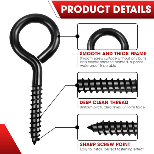 16pcs Screw Eyes, 2.56 Inch Black Eye Hooks Screw Self Tapping Eye for Heavy Duty Use in Indoor & Outdoor