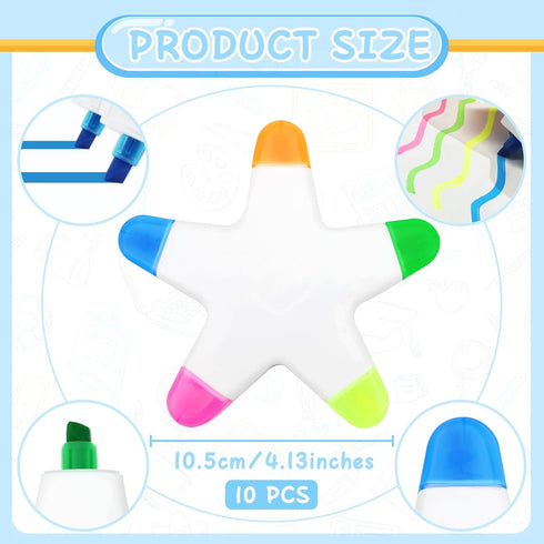 Star Highlighters, 10 PCS, 5-In-1 Colorful Star Highlighters, Watercolor Highlighter, Multi Color Fluorescent