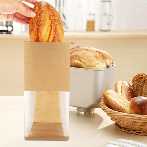 150Pcs 5.1 4.3 11 Inch Packaging QTLCOHD Bakery Bags with Window, x x Brown Paper Bread Bags, Small Tin Tie Tab Lock