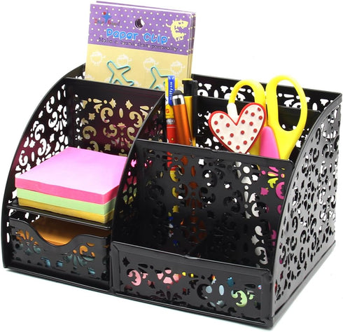 EasyPAG Desk Organizer Caddy, 6 Compartments and 1 Sliding Drawer, Desktop Accessories Holder for Home and School