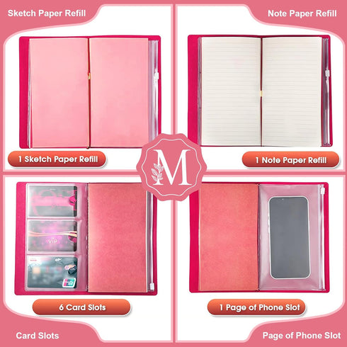 Personalized Journal Gift, Pink Initial Leather Journal + Heart Diamond Pen Set, Travel Notebook Diary Gifts