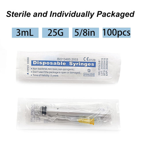 100pcs 3ml/cc 25G 5/8 inch16mmfor Industrial Scientific Accessories, Refilling Liquid, Individually Wrapped