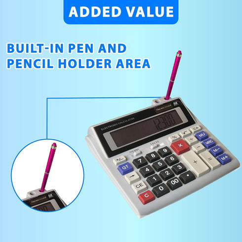 Lily's Home Large Desktop Calculator with Built-in Pen & Pencil Holder, 12-Digit Display for School and Office