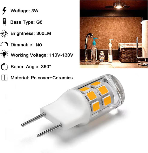 G8 LED Bulb 3W Equivalent to G8 Halogen Bulb 20W-25W, T4 JCD Type Bi-Pin G8 Base, AC 120V G8 Bulb Warm White 3000K for Under Cabinet Light, Under Counter Kitchen Lighting (10 Pack) by SSQY
