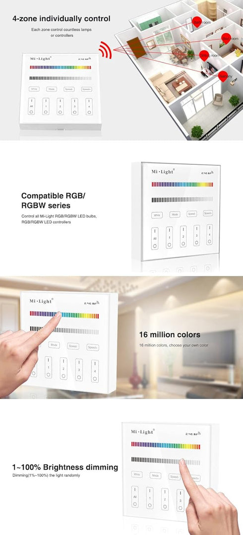 B3 4 Bulb,Strip FUT037 FUT038 LGIDTECH Wireless Zones RGB/RGBW Wall Mounted Smart Panel Controller Powered by AAA