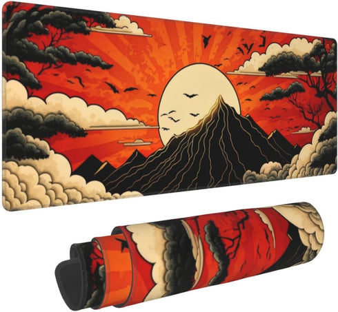 XL Japanese Mount Fuji Red Sunset Gaming Mouse Pad, Large Non-Slip Rubber Mousepad, 31.5'' X 11.8''.
