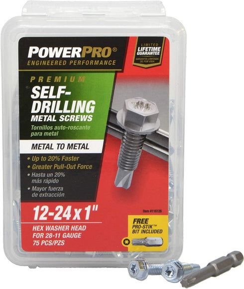 Power Pro Premium Self-Drilling Metal Screws, Zinc Plated Steel, Hex Washer Head, Box of 75 Screws
