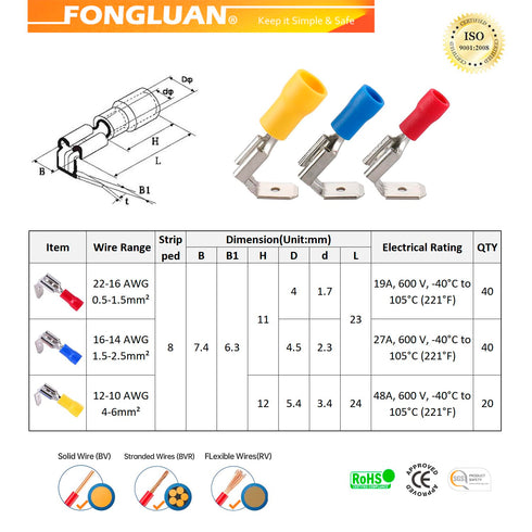 100pcs Piggyback Spade Connectors 24-10 Gauge 1/4" Female and Male Quick Splice Disconnect Electrical Crimp Terminals Connector Assortment Set