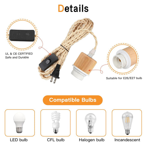 Zevnico 15ft Bulb E26 E27 Wood Pendant Light Cord Kit with Shade Ring and ON Off Switch, Hanging Lamp Kit Plug in Cord