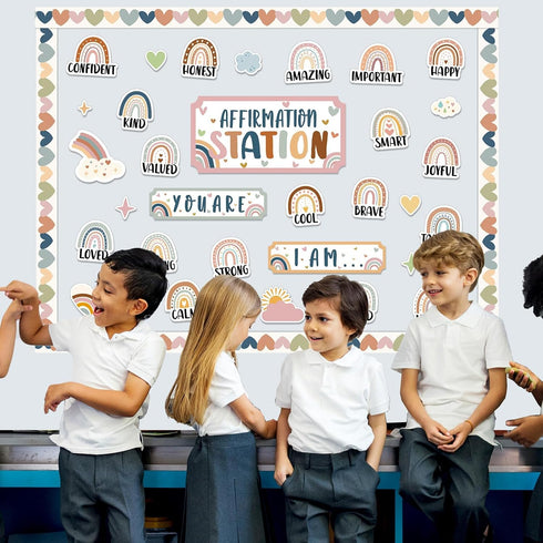 BOHO Affirmation Station Bulletin Board Set - Rainbow Motivational Posters and Inspirational Cutouts for Classroom