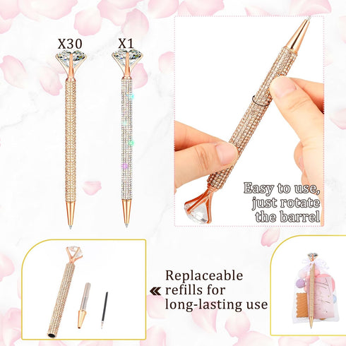 Yeaqee 91 Pcs Bridal Shower Diamond Pen Set, 31 Wedding Crystal Pens, 30 Organza Bags, 30 Cards, Rose Gold