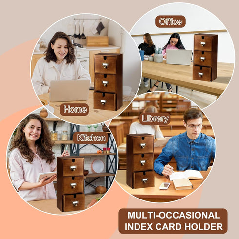 DLUGOPIS 3 3x5 3 25 2 Tier Index Card Holder Wooden Card Catalog Box with Drawers Brown Index Card Storage Box Flash