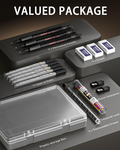 Nicpro 3 Pack 2mm Mechanical Pencils Set with Case, 33 Graphite Lead Refills, 36 Colored Lead, Erasers, Heavy Duty