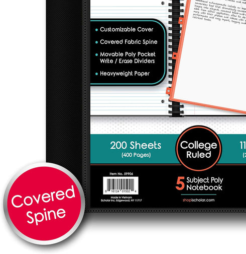 IQ+ iScholar 5-Subject Poly Cover Wirebound Notebook, College Ruled, 11 x 8.5 Inch Sheet Size, 200 Sheets, Black