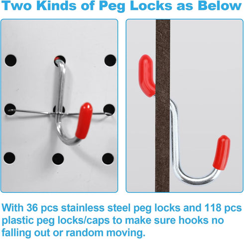 60 Assorted Pegboard Hooks with Bins and 154 Peg Locks/Caps for 1/4 inch & 1/8 Inch Peg Board