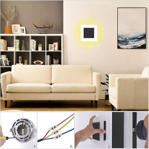 10W Non-Dimmable 3000K Kawell Square Acrylic LED Wall Sconce Hardwired Black Wall Light Fixture for Bedroom, Living