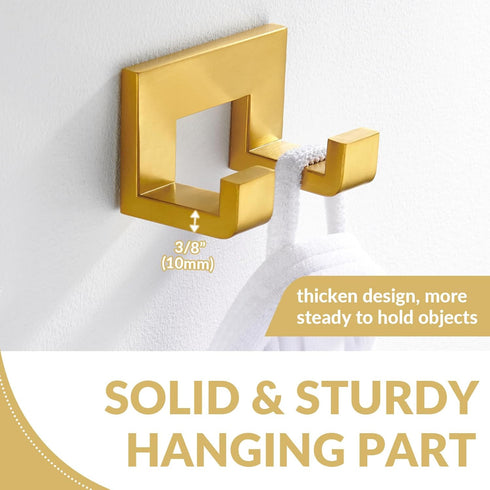 APLusee Brushed Gold Bath Robe Hook, 304 Stainless Steel Double L Shape Coat Hanger, Bathroom Home Accessories